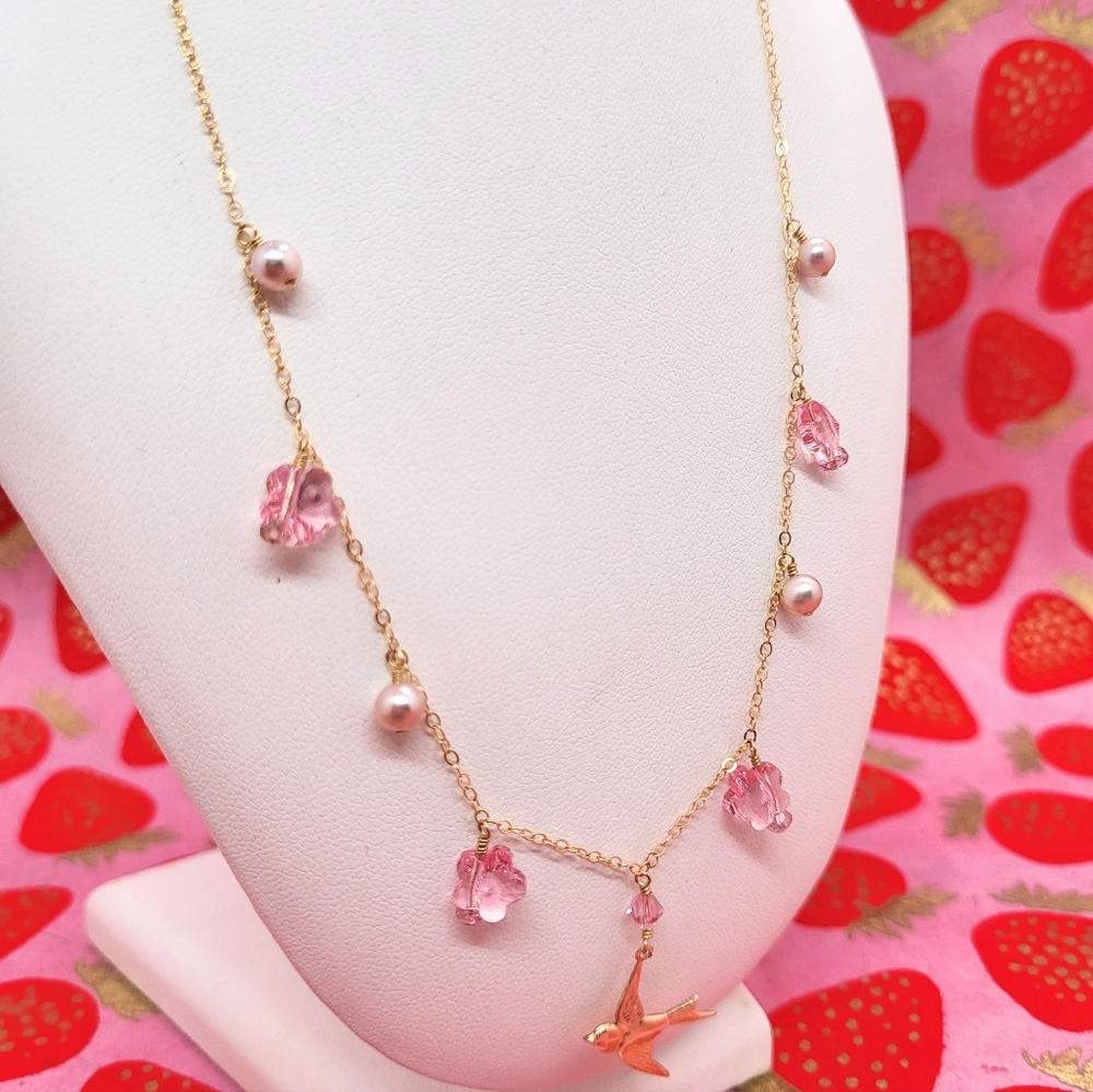 Gold filled Spring pink pearl Swarovski crystal bird Japanese sakura necklace